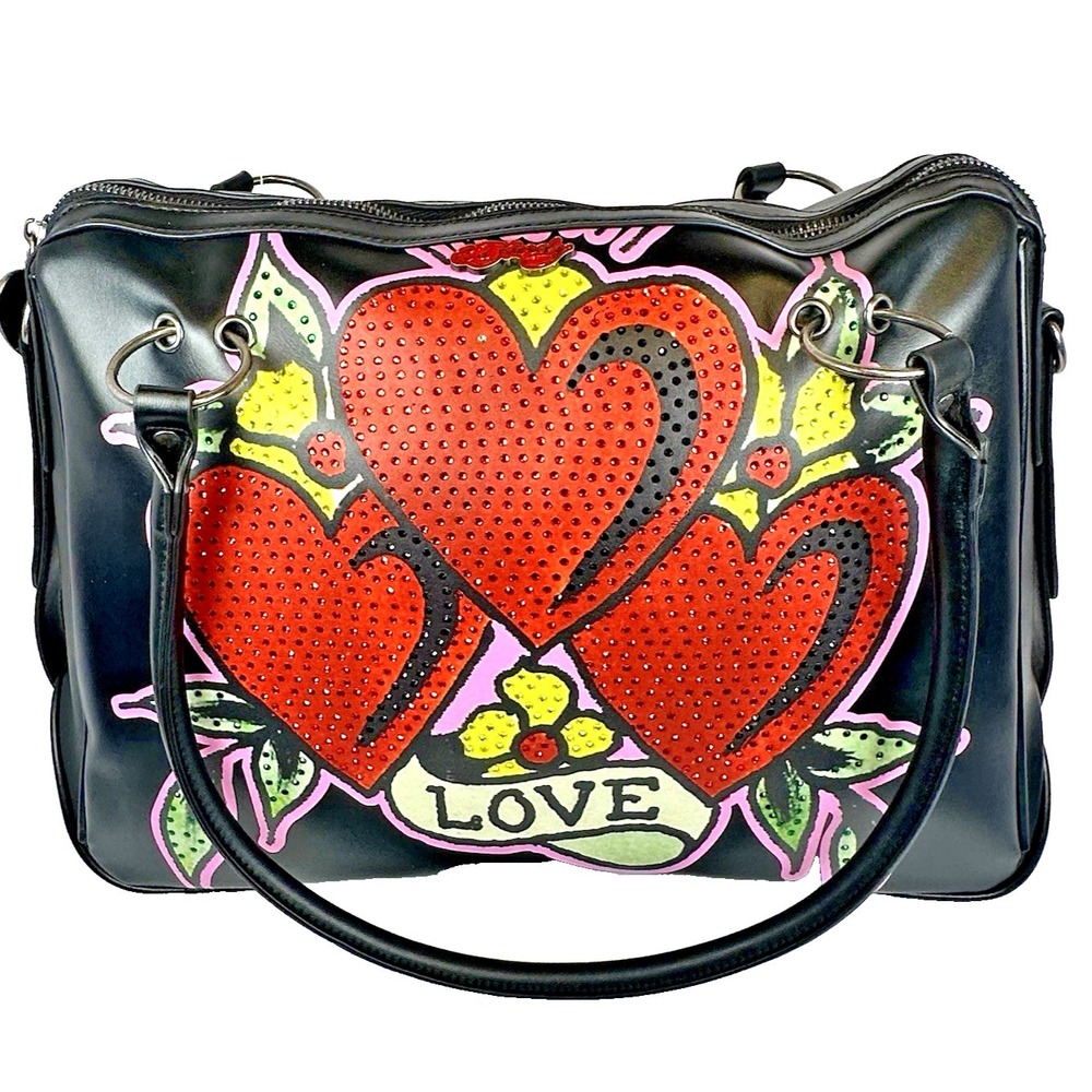 Ed Hardy Shoulder Bag Love Heart Rhinestone Handbag Black Tattoo Style